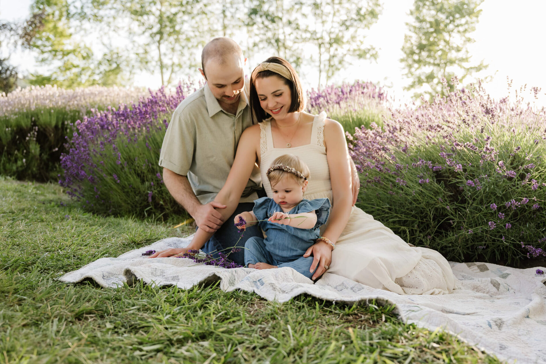 Parents sitting close with their toddler among lavender rows during a relaxed family photo session.