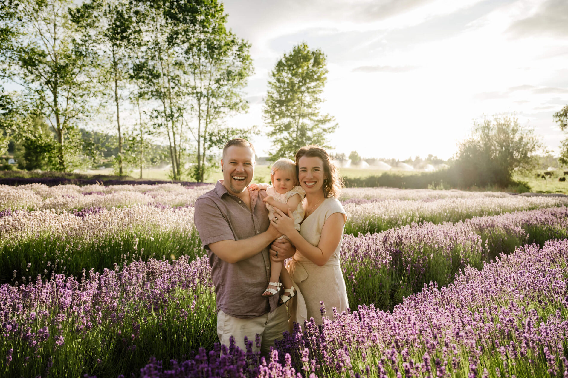 Family of three standing together in blooming lavender rows during a golden-hour farm session.