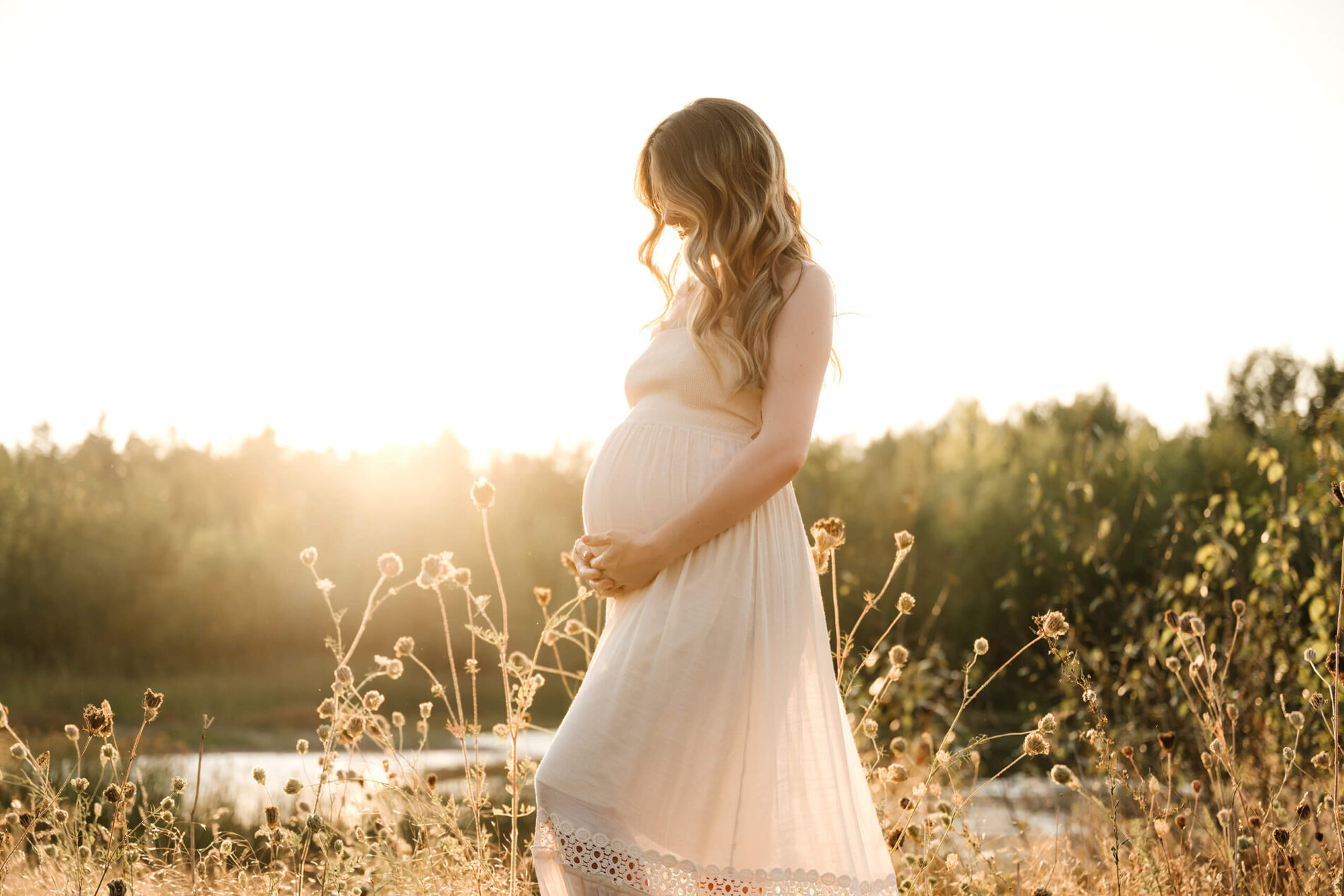 Pregnant woman in a white dress holding her belly in a golden field at sunset.