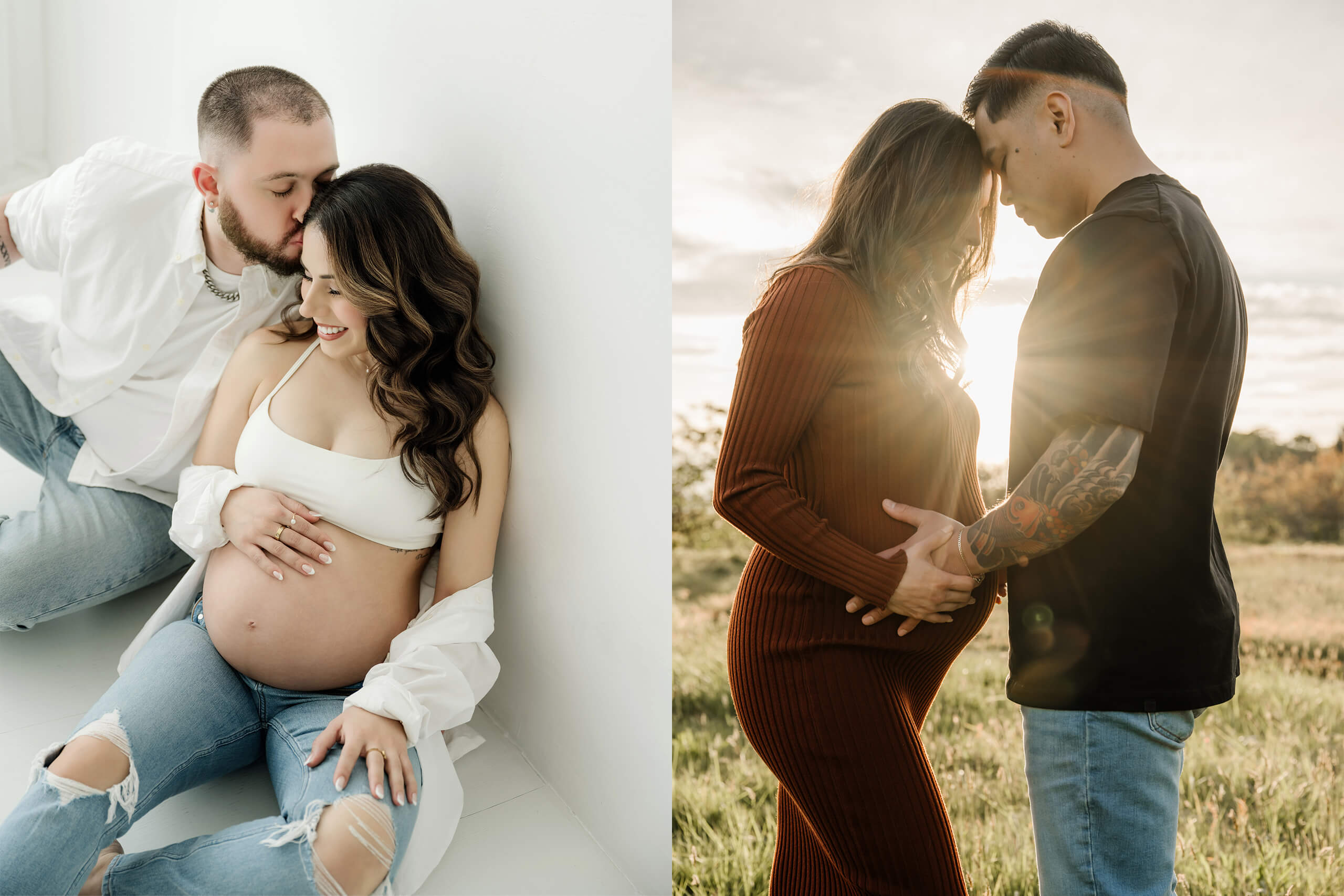 Split image comparing studio and outdoor maternity photos, with expectant couples in a bright white studio and a sunlit field.