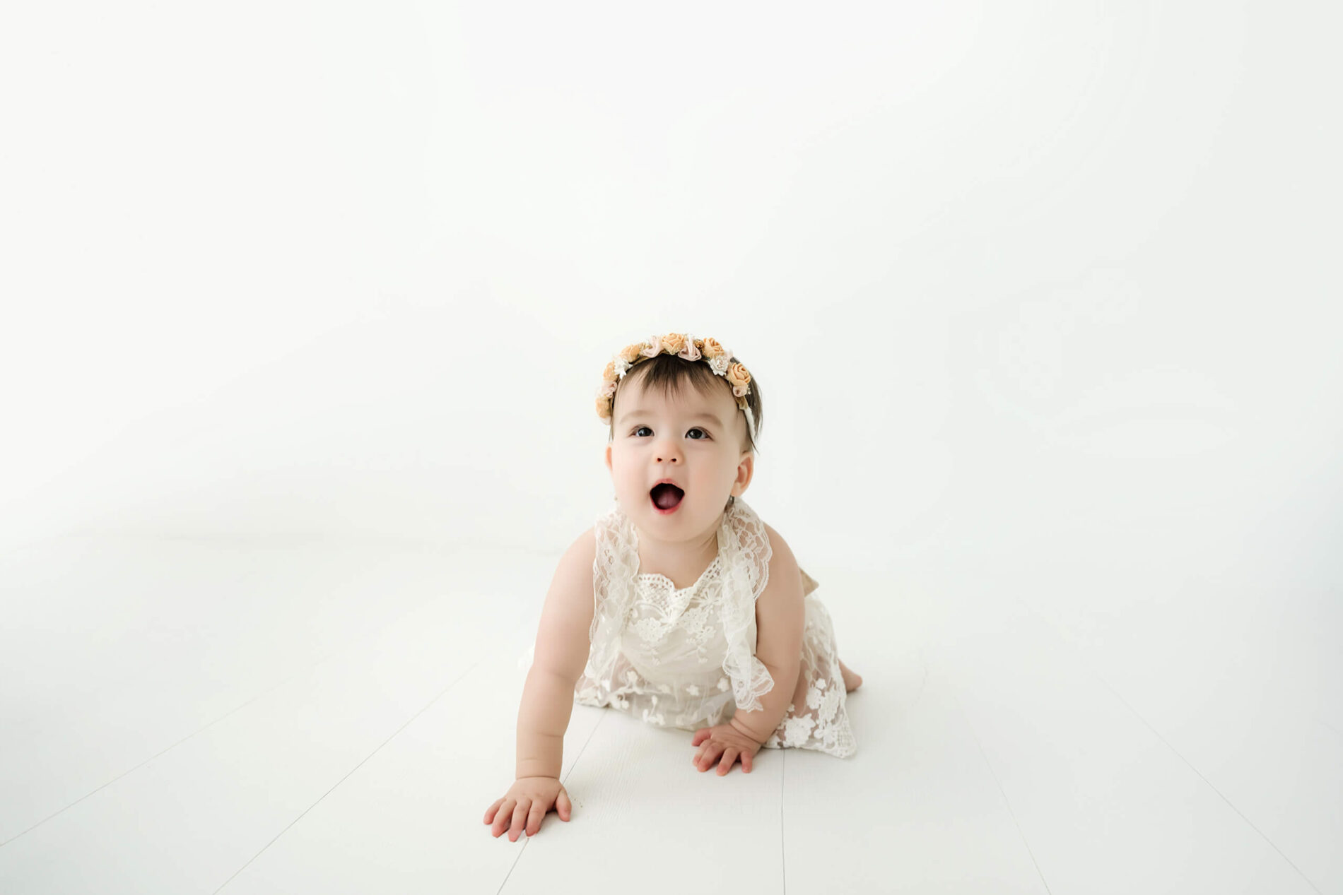 Baby girl crawling toward the camera during a first birthday milestone portrait session in Lana Sky Photography's Kirkland studio.