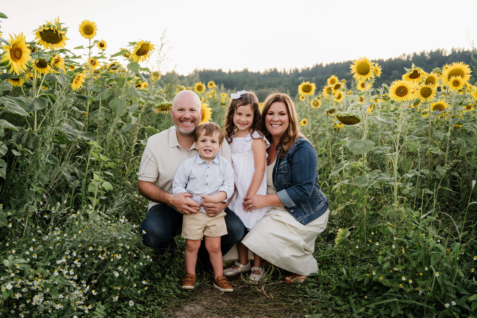 Family of four sitting together among sunflowers during a late-summer family photo session near Seattle.