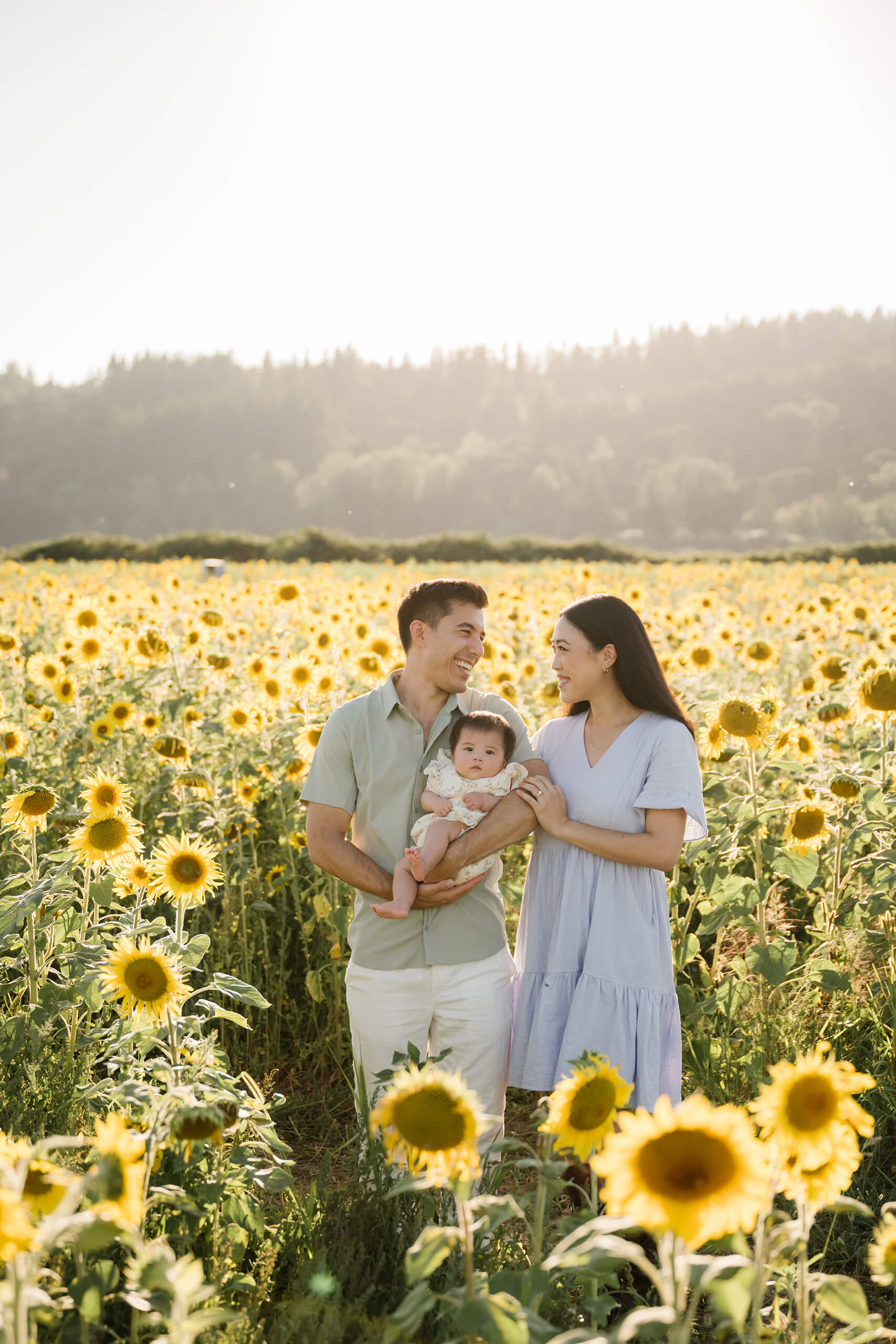 Parents smiling at each other while holding their baby in a wide sunflower field at sunset.
