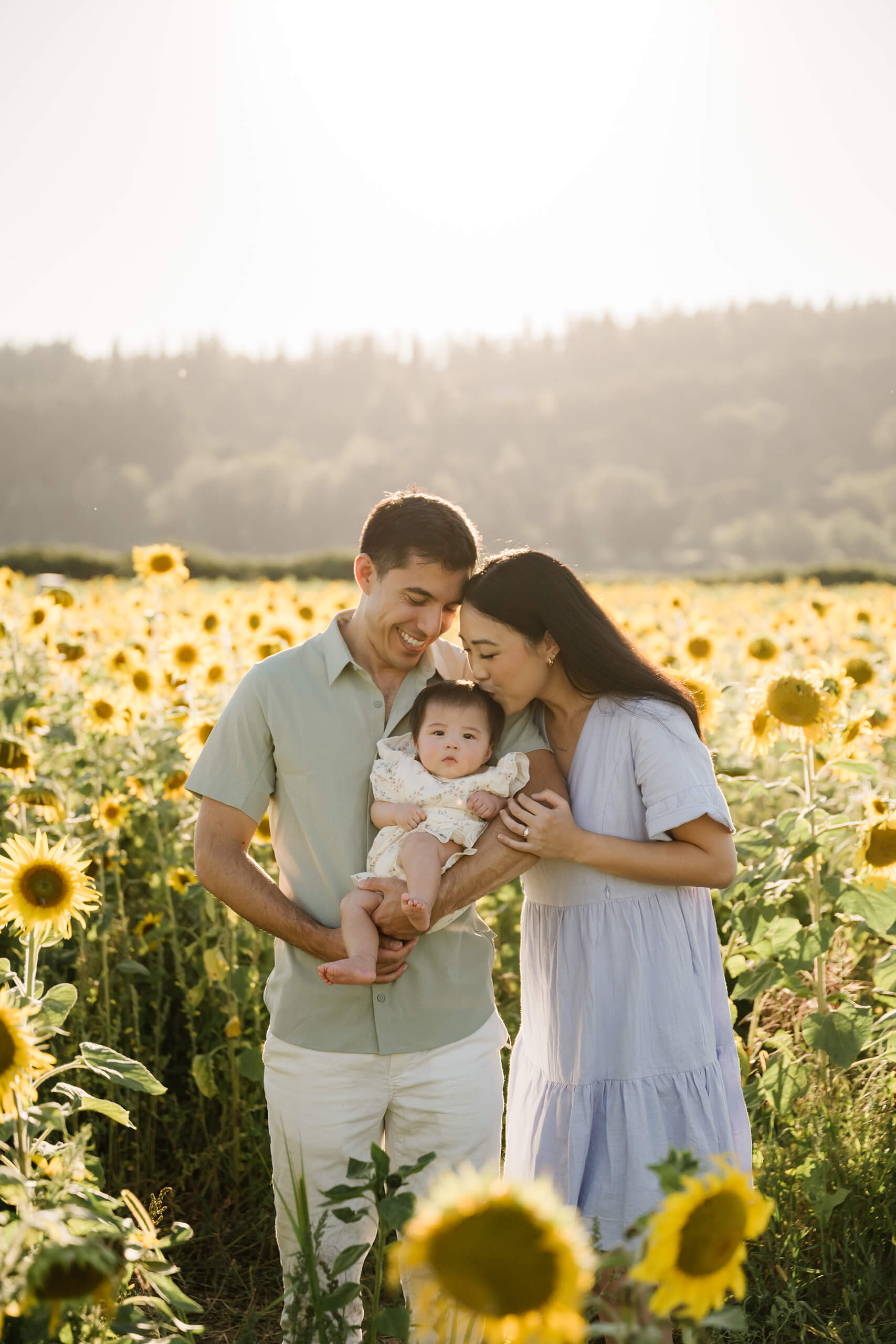 Parents cuddling and kissing their baby during a sunset sunflower field photo session in Duvall.