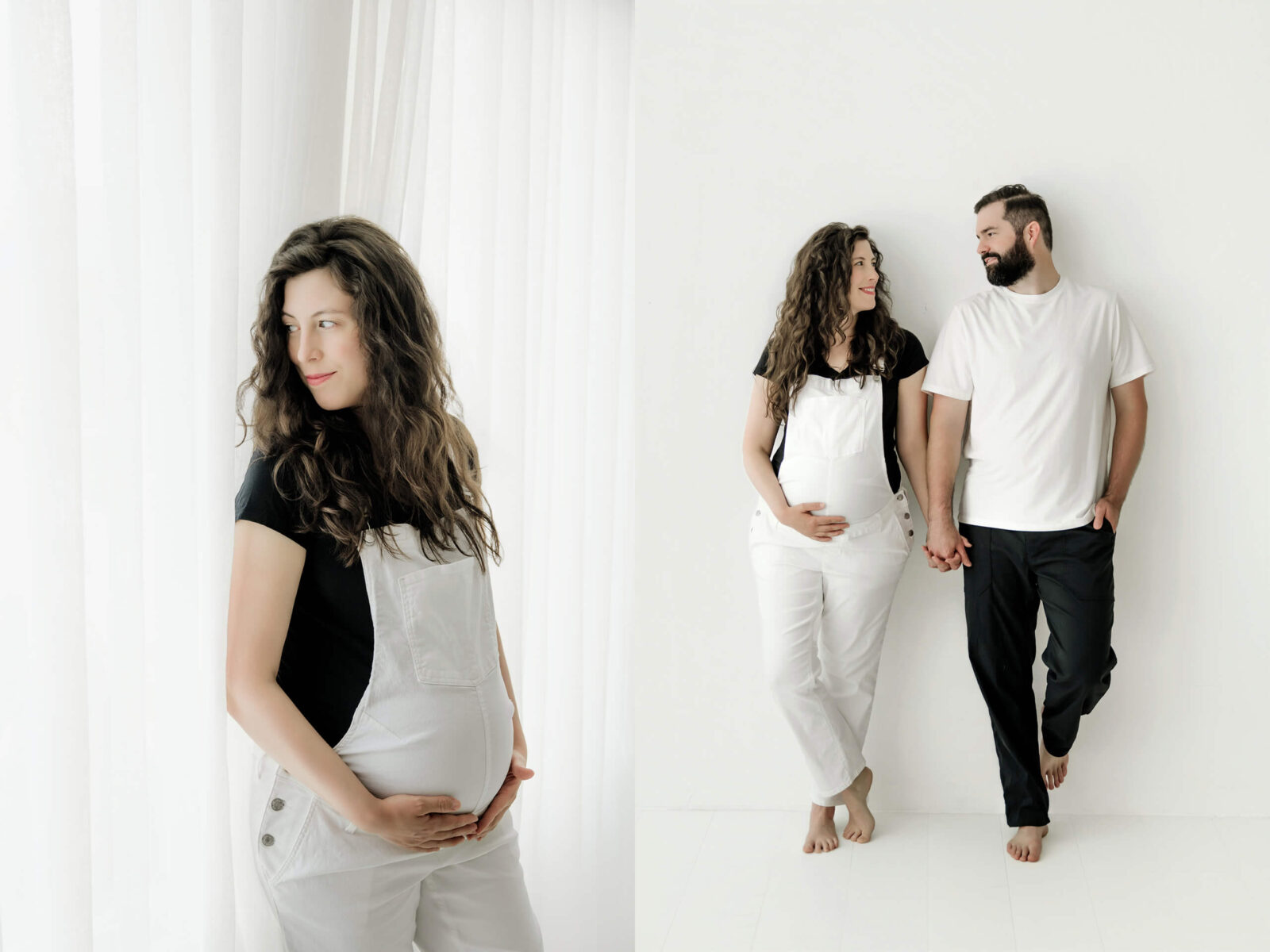 Pregnant woman in white overalls photographed alone and with her partner in a bright, minimal studio.