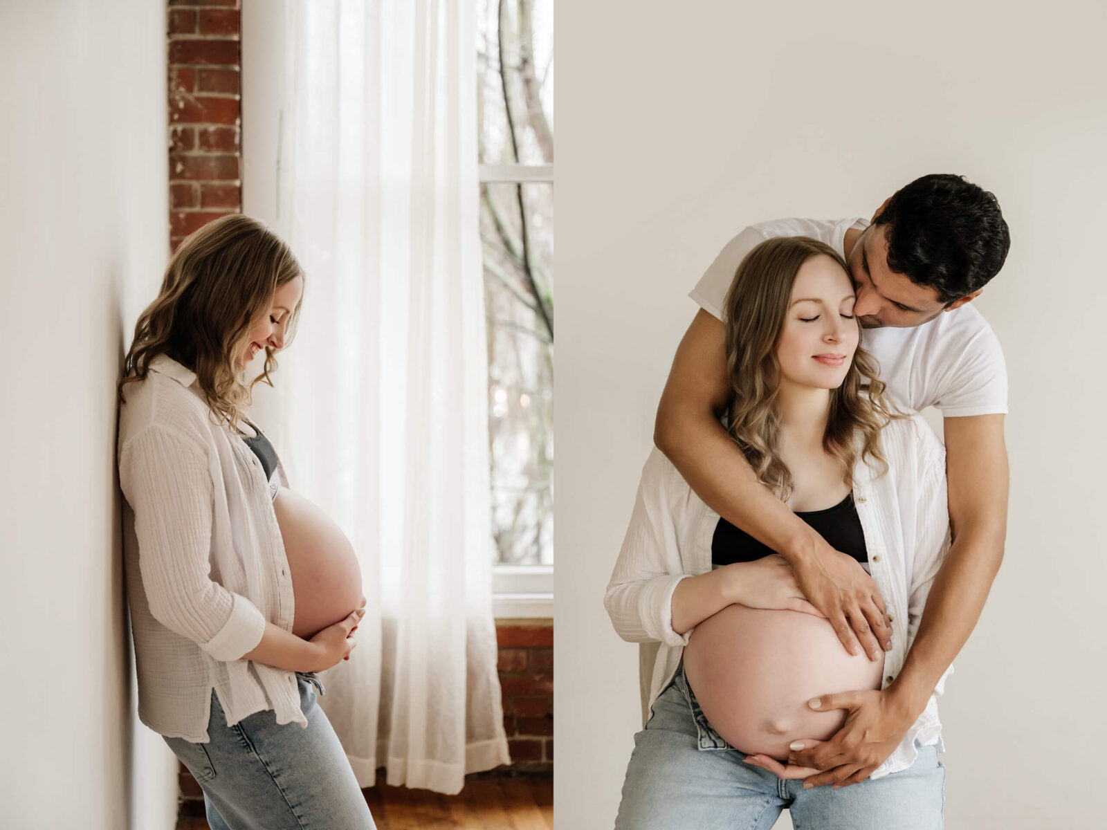 Pregnant woman posing alone and with her partner during an open-belly maternity session in a bright studio.