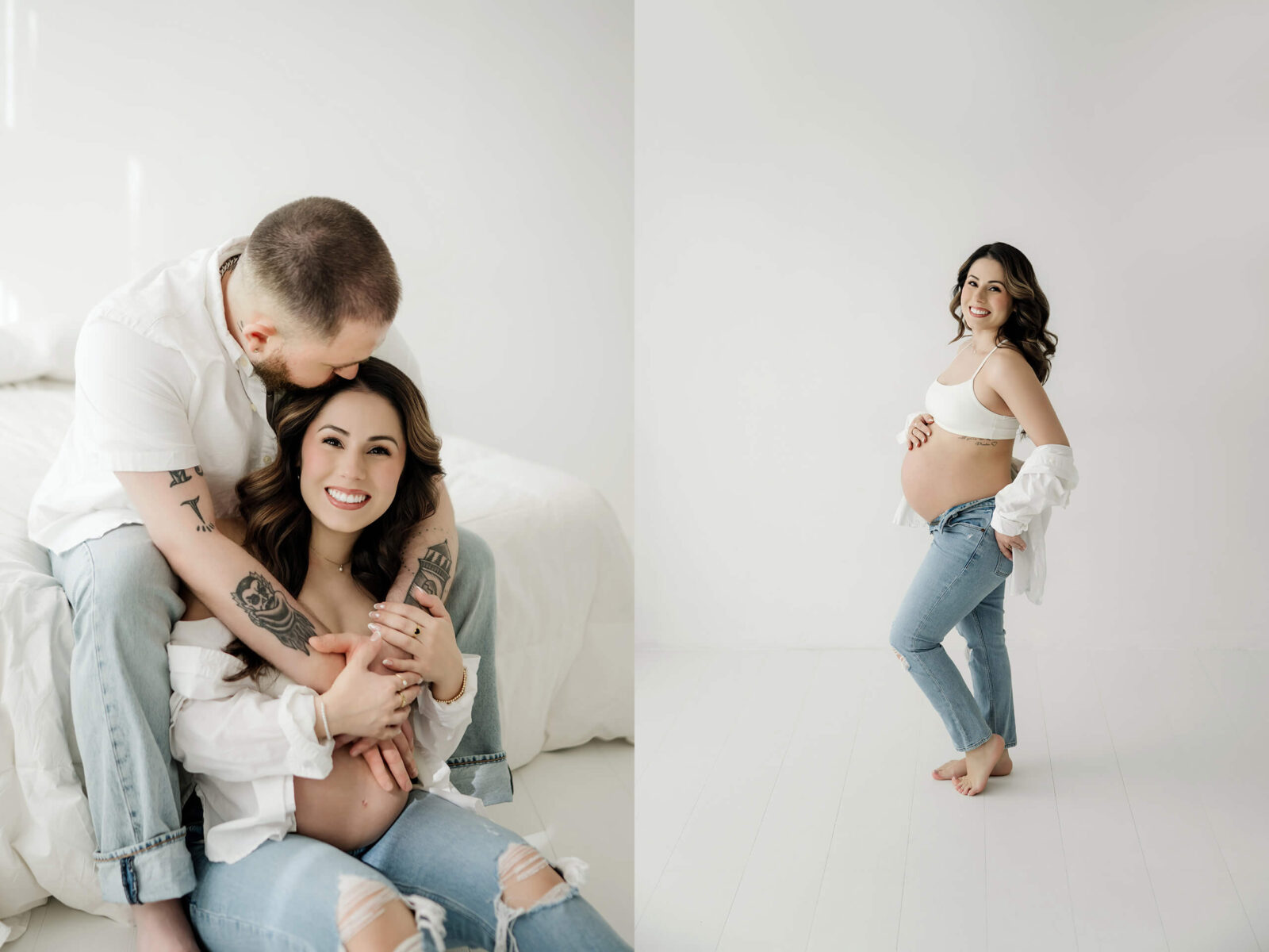 Pregnant woman posing alone and with her partner in a bright white maternity studio.