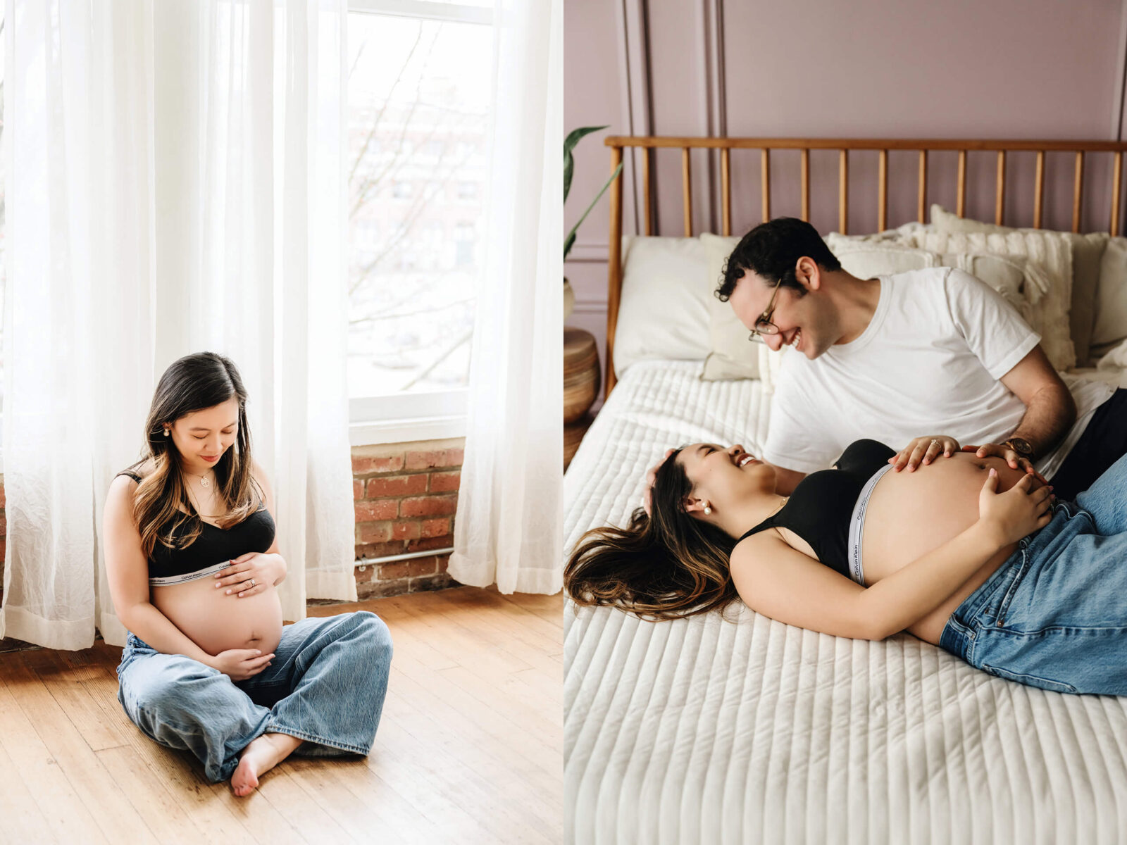 Pregnant woman posing alone and lying on a bed with her partner in a warm, textured maternity studio.