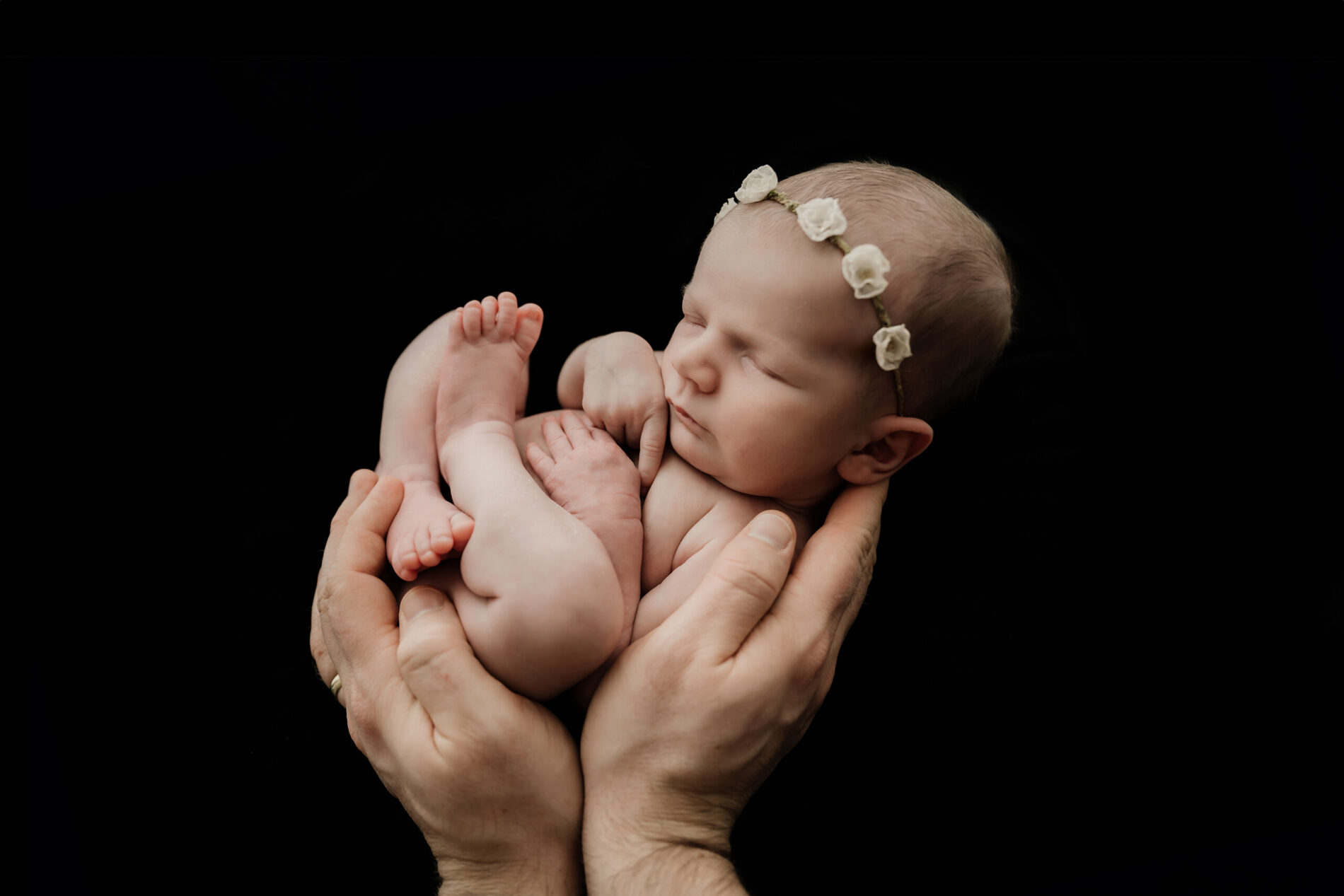 Unwrapped newborn with eyes closed curls in adult hands against a black background, wearing a white floral headband.