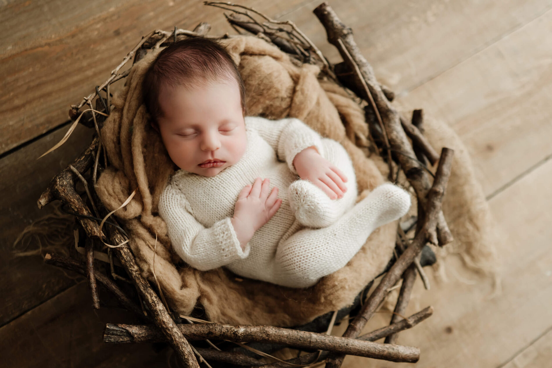 Newborn with eyes closed wears a cream knit outfit inside a twig nest lined with brown blankets.