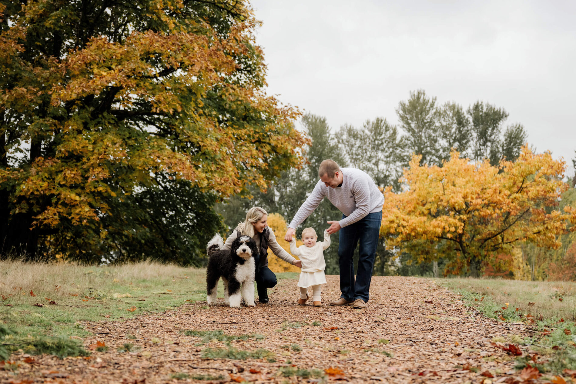 Parents help their baby walk beside two dogs on a path framed by colorful autumn trees.