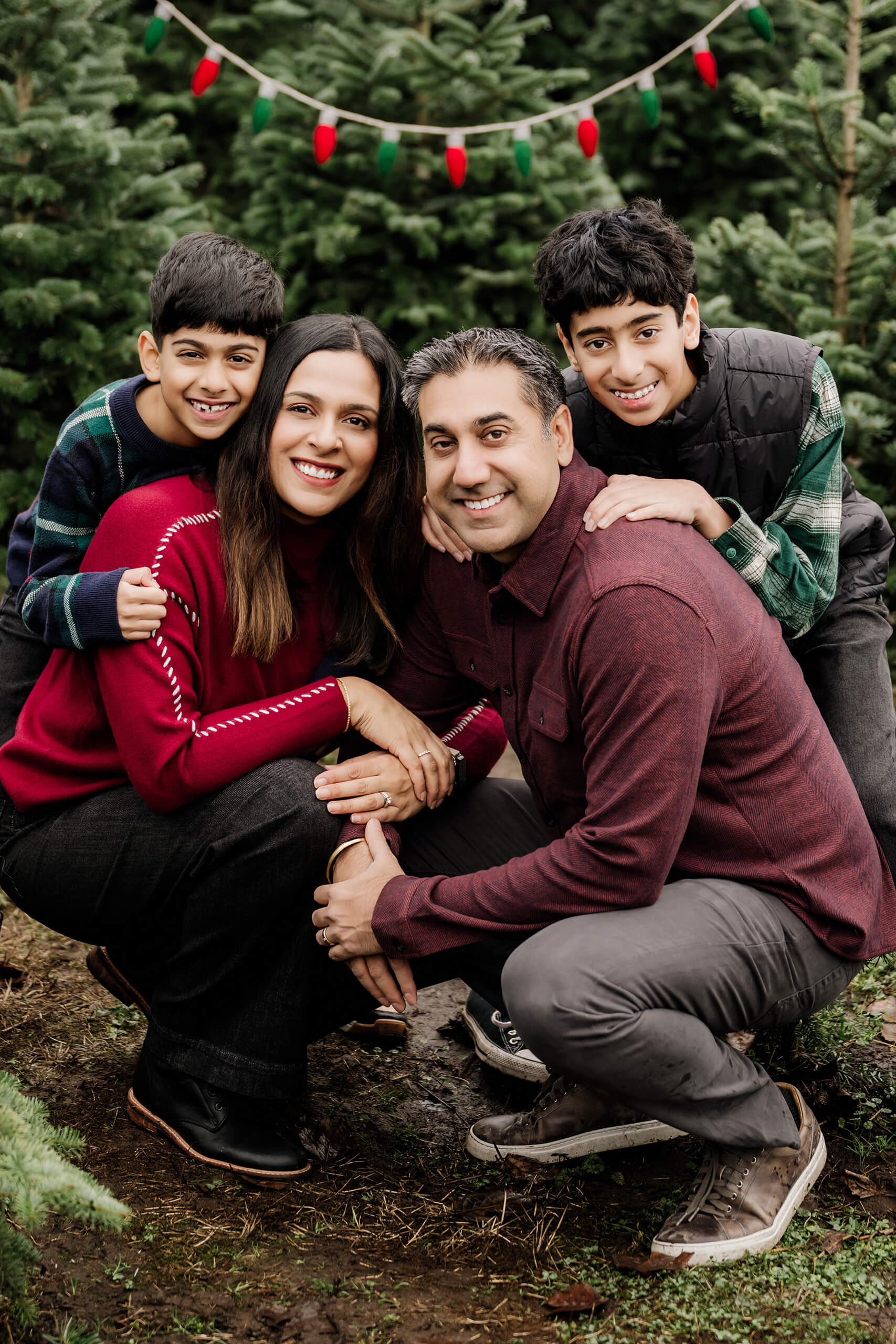 Mom, dad, and their two sons gather closely together beneath red and green holiday lights among the evergreens.