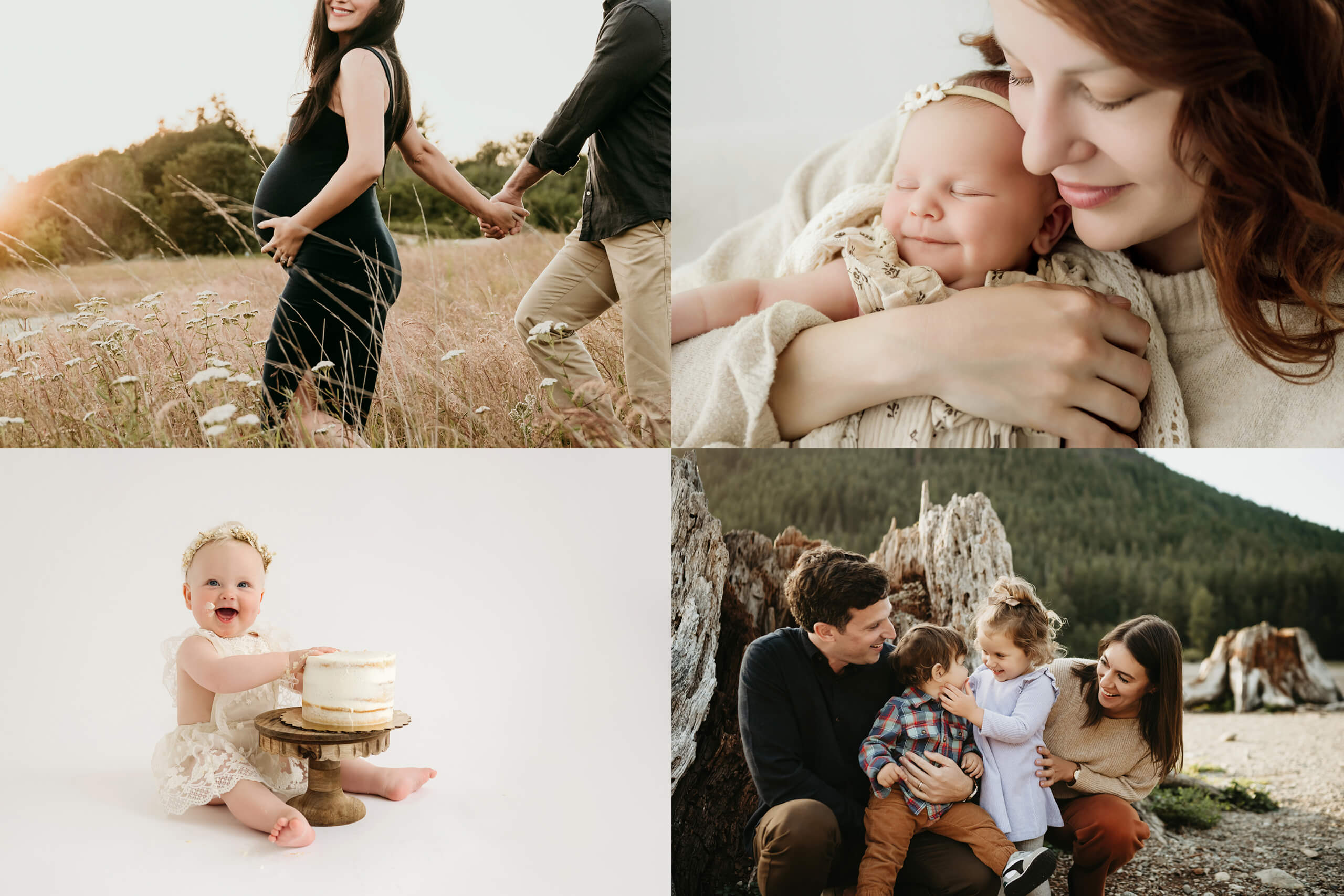 Collage of maternity, newborn, first birthday, and family portraits, including a pregnant couple outdoors, a mother holding her newborn, a baby with a birthday cake, and a family of four by the water.