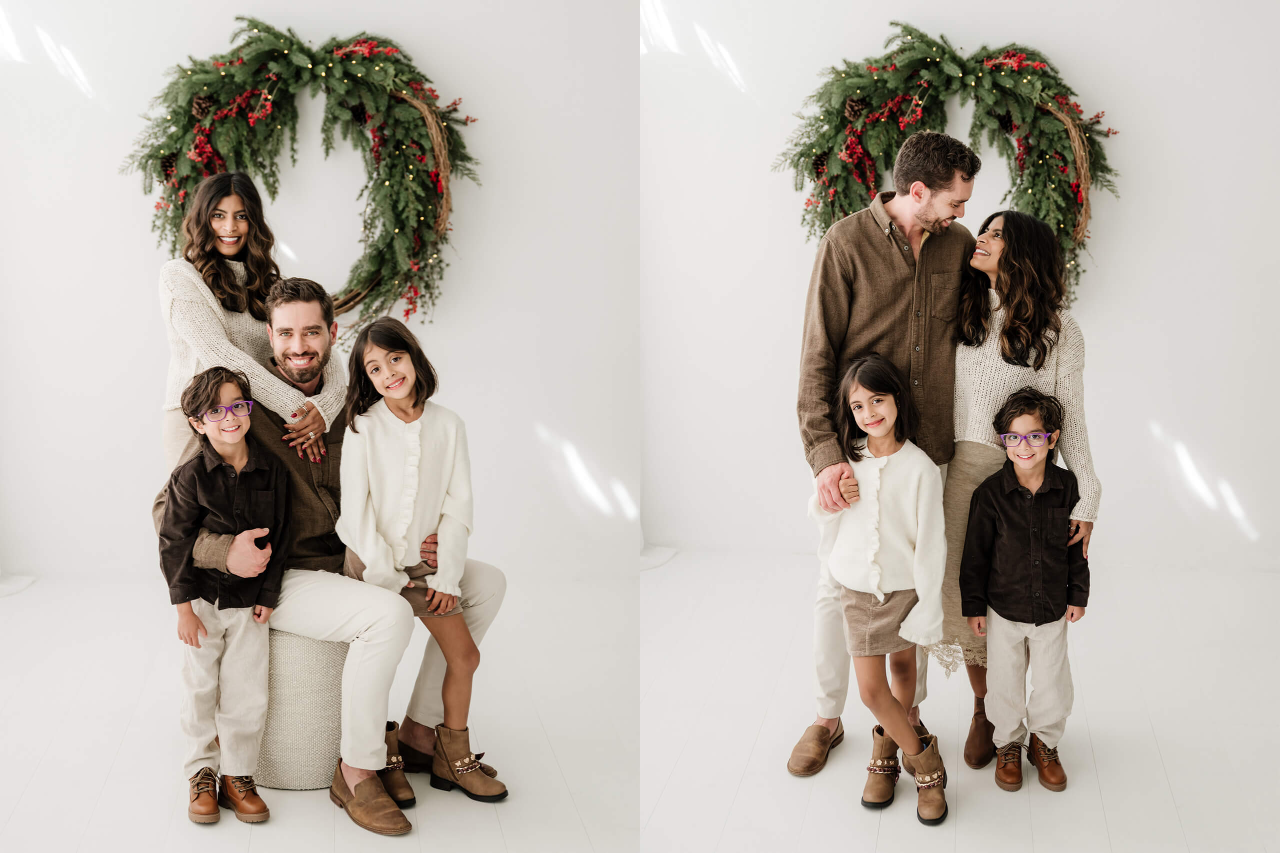 Family of four shown in two holiday studio portraits beneath an oversized evergreen wreath, first gathered around dad and then standing together.