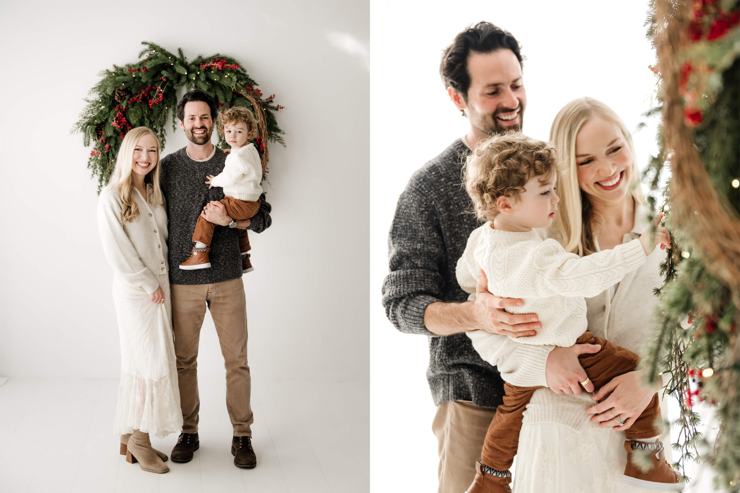 Family of three shown in two holiday studio portraits, first posing beneath the evergreen wreath and then watching their young son reach toward the greenery.