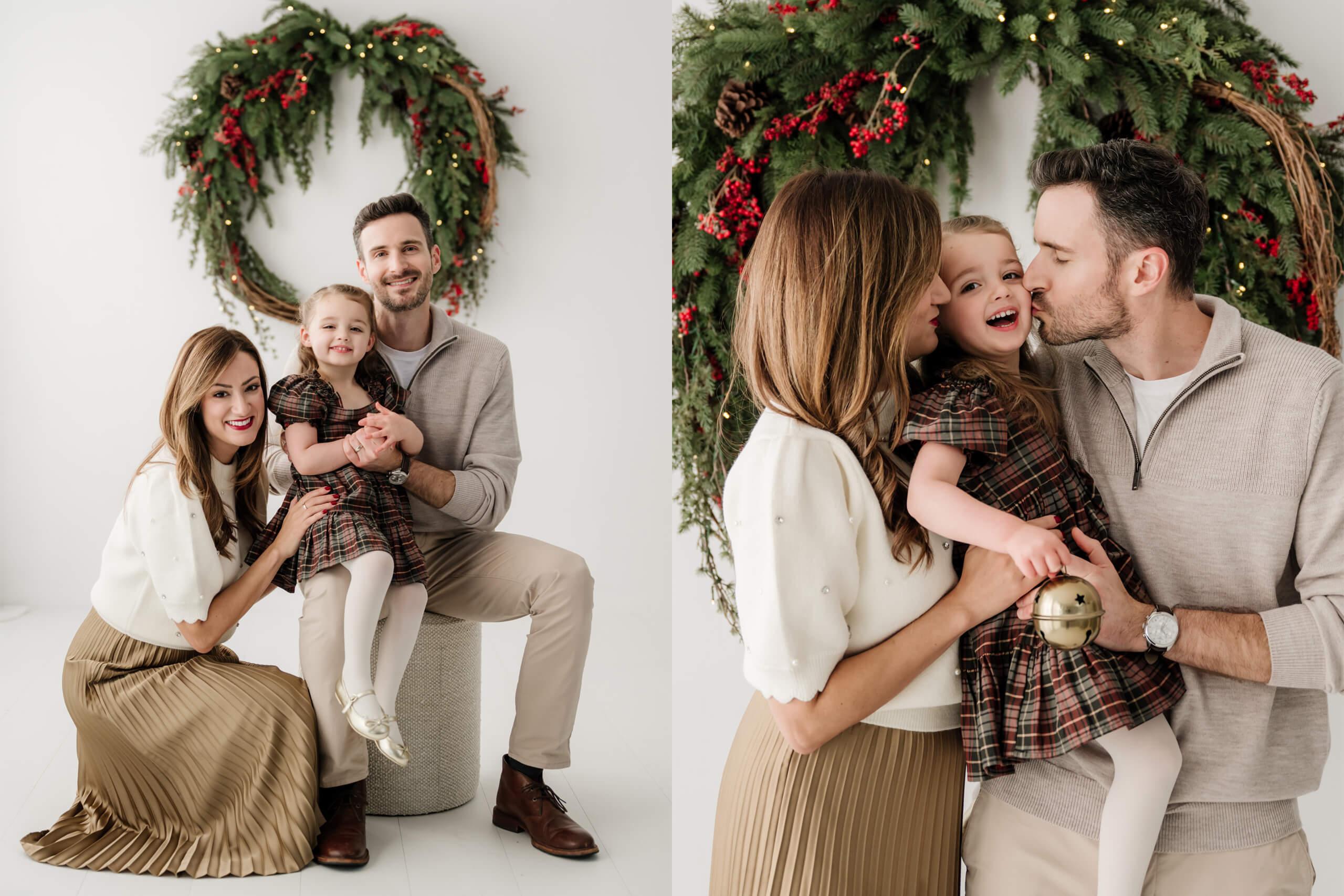 Family of three shown in two holiday portraits, first seated together and then mom and dad kissing their smiling daughter beneath the evergreen wreath.