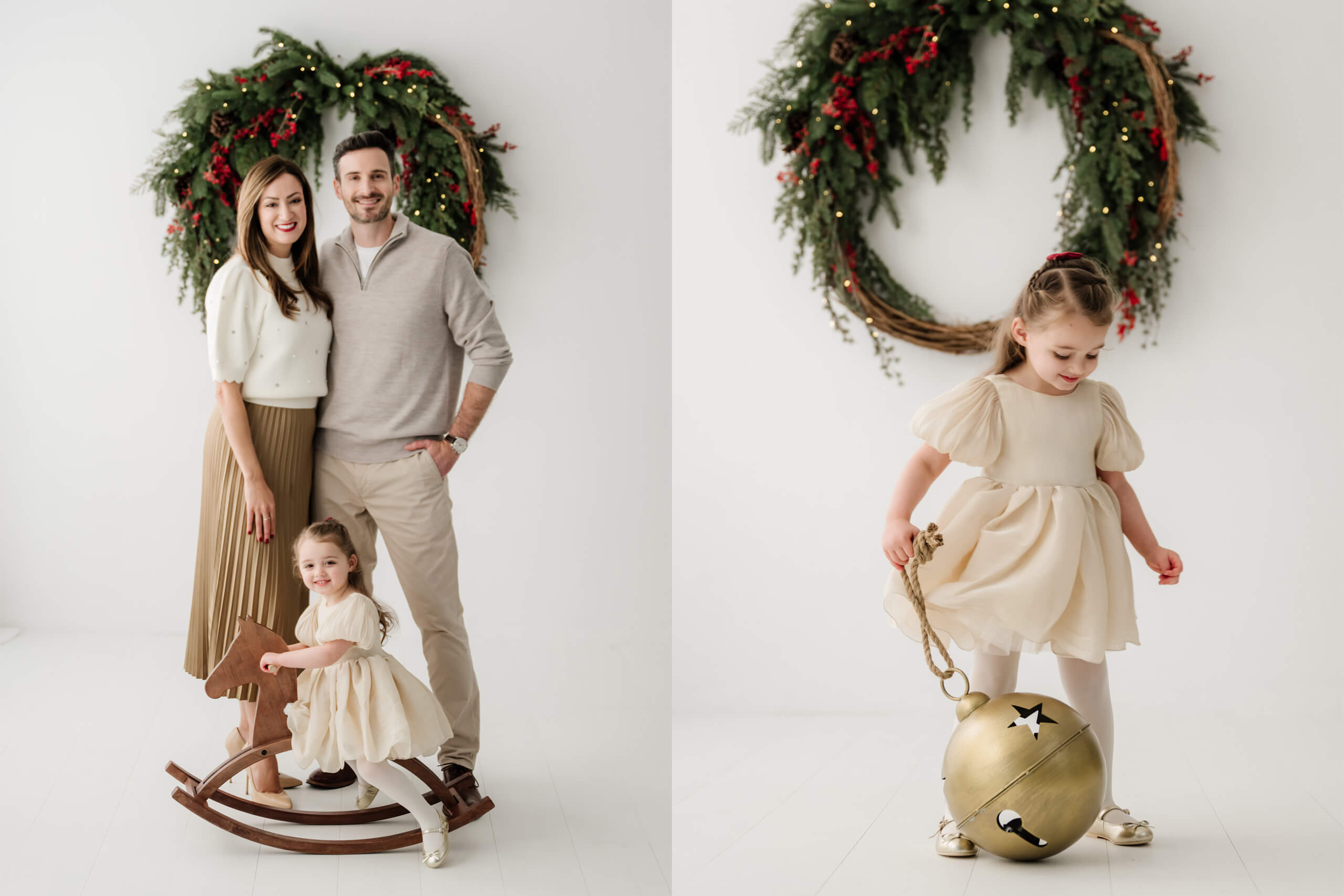 Family of three shown in two holiday studio portraits, with their young daughter riding a wooden rocking horse and posing with an oversized gold bell.