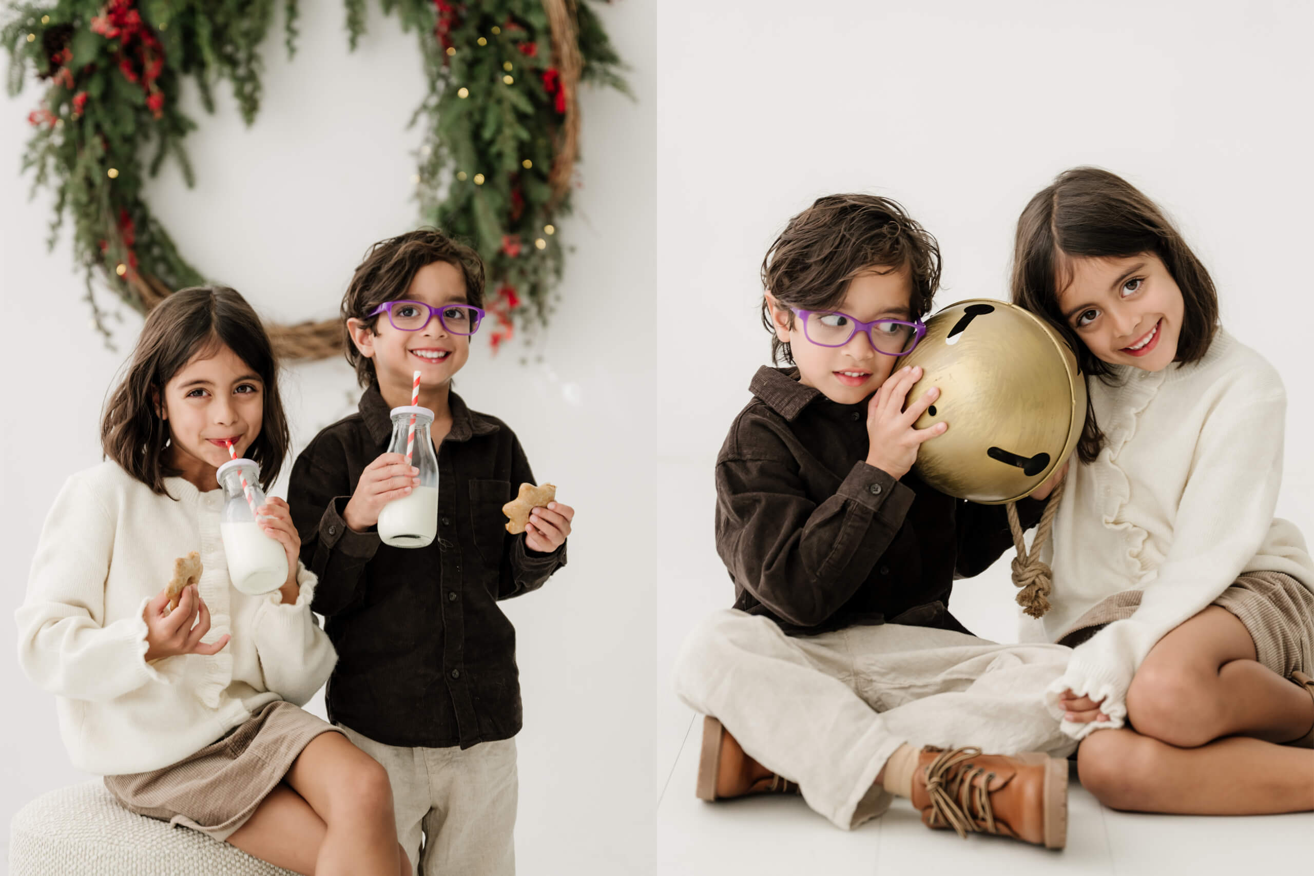 Two siblings shown in two playful holiday portraits, enjoying milk and cookies and posing together with an oversized gold bell.